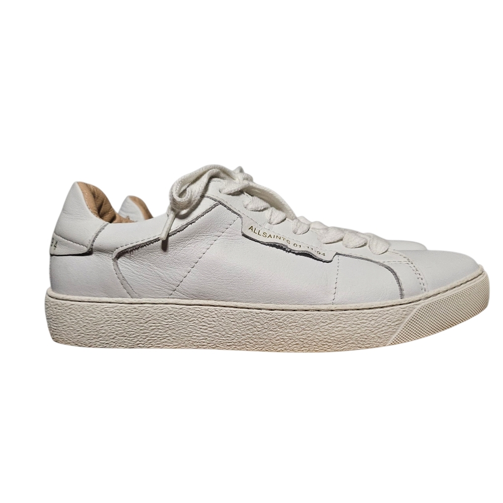 ALLSAINTS Sneaker White Leather Low Top Sheer Tennis Shoe Gold Lettering sz 7 - Picture 3 of 10
